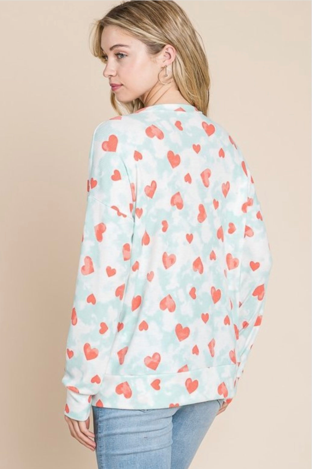 Women’s Light Blue Long Sleeve Heart Print Top