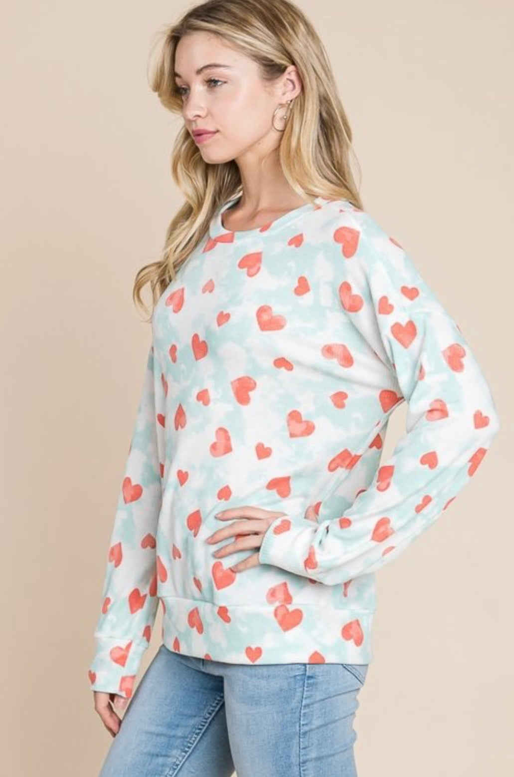 Women’s Light Blue Long Sleeve Heart Print Top