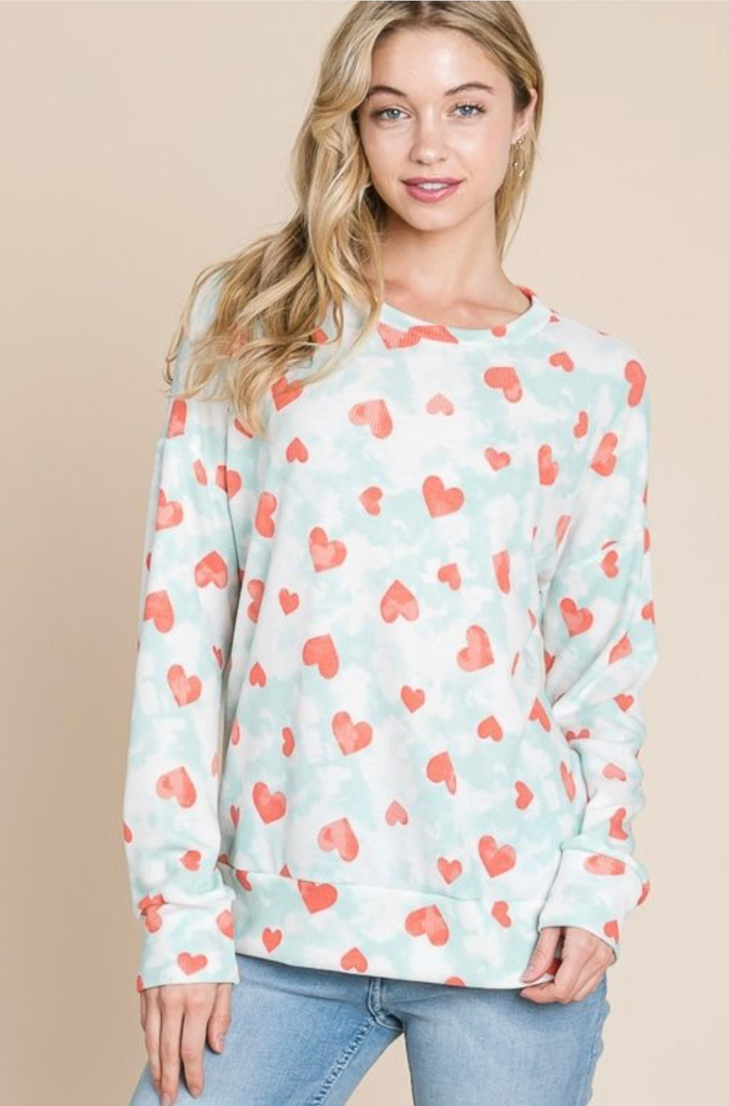 Women’s Light Blue Long Sleeve Heart Print Top