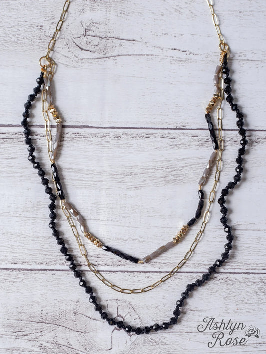 New York City Nights Black Crystal Layered Gold Linked Chain Necklace