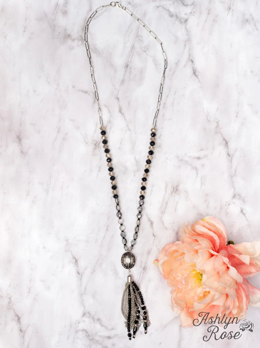 Silver Rose All Day Clear Crystal Tassel Pendant On A Linked Chain Beaded Necklace
