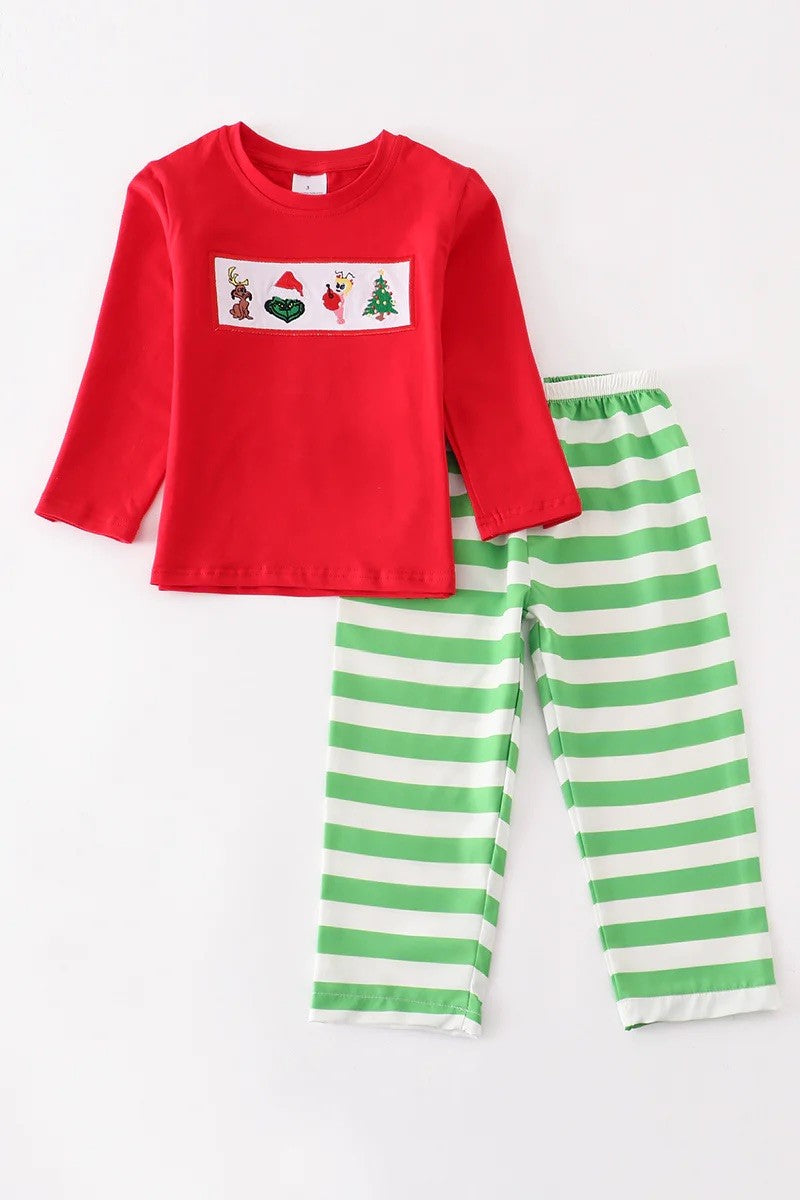 Boys Red Christmas Grinch Stripe Set