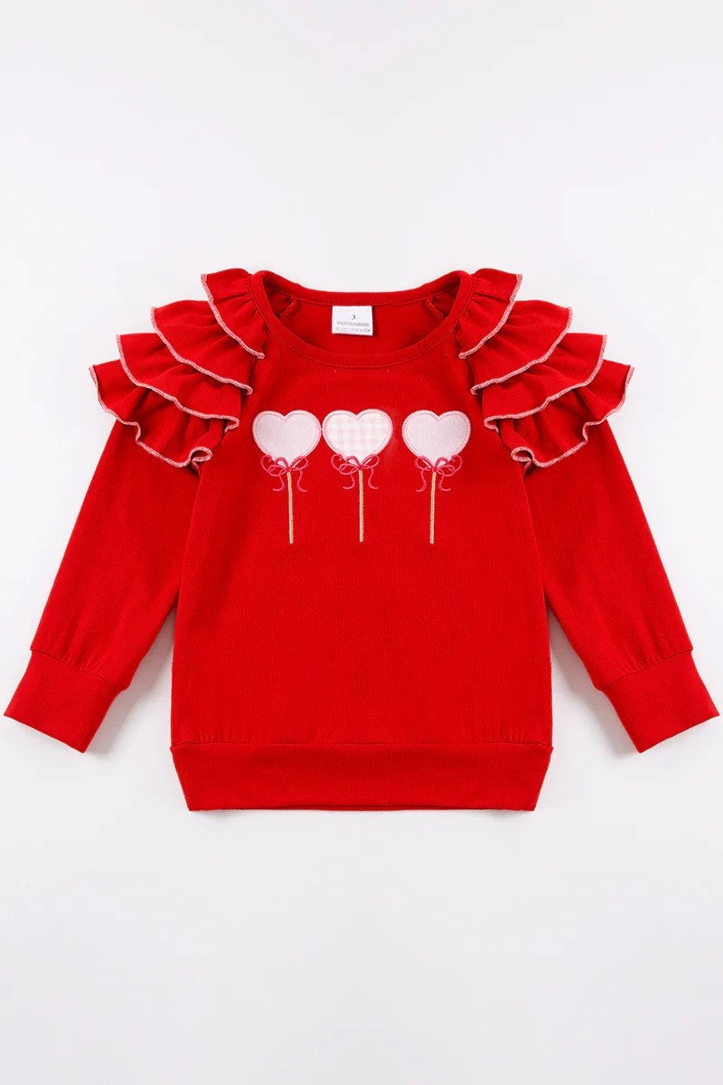 Girls Red Heart Applique Ruffle Top