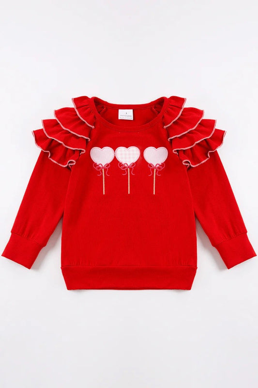 Girls Red Heart Applique Ruffle Top