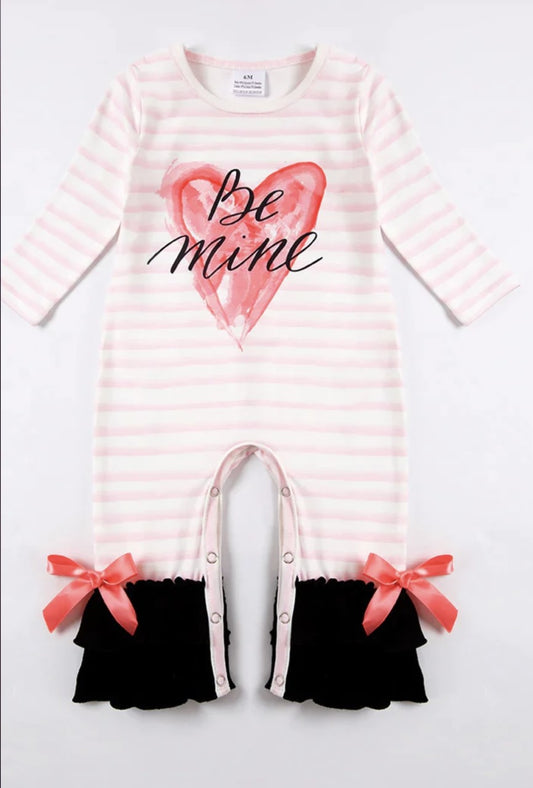 Girls Pink Stripe "Be Mine" Ruffle Baby Romper